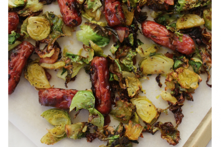 3 ingredient sheet pan brussel sprouts and chicken sausage